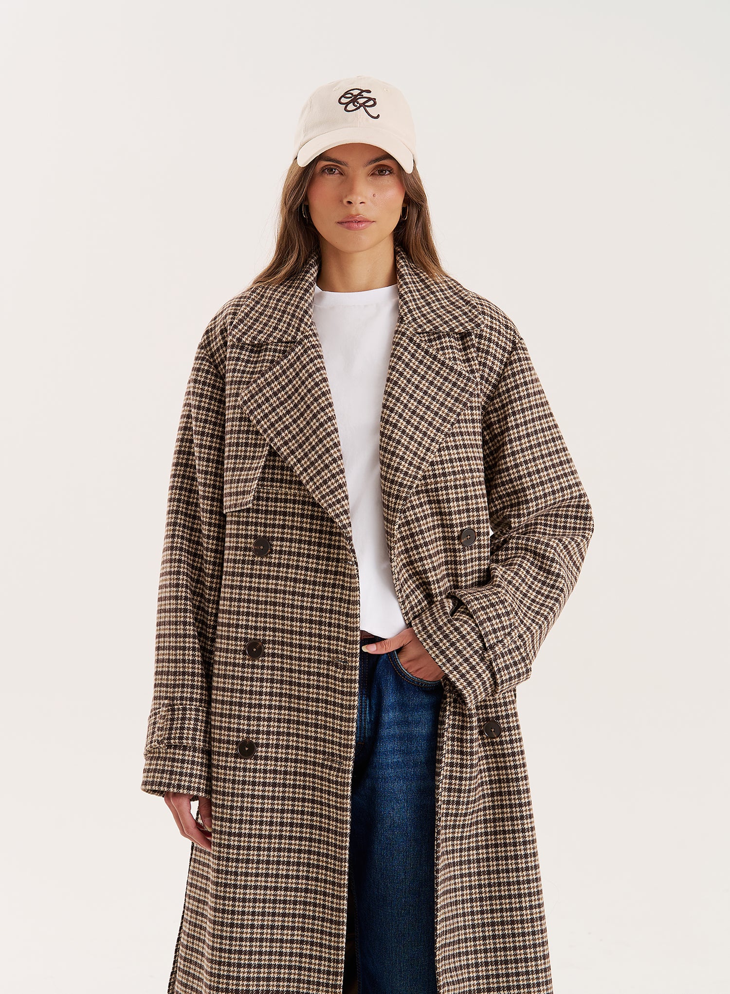Brown Checked Belted Wool-Blend Trench Coat